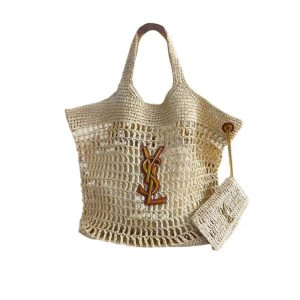 Saint Laurent Raffia Icare Tote Bag in Natural and Brown Gold